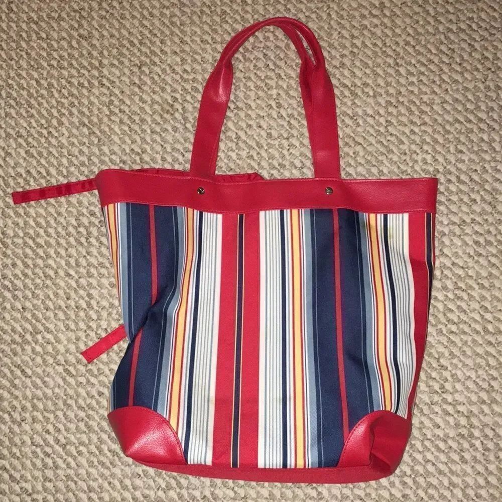 Red Vinyl & Rainbow stripe Canvas beach bag tote shoulder boat seaside shopping
